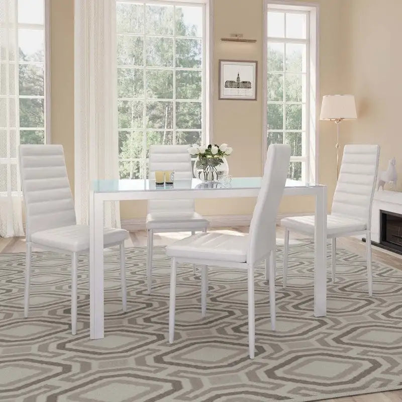 5 Pieces Glass Dining Table Set, 4 Person Modern Home Kitchen Chairs with High Back PU Leather Dining Chairs