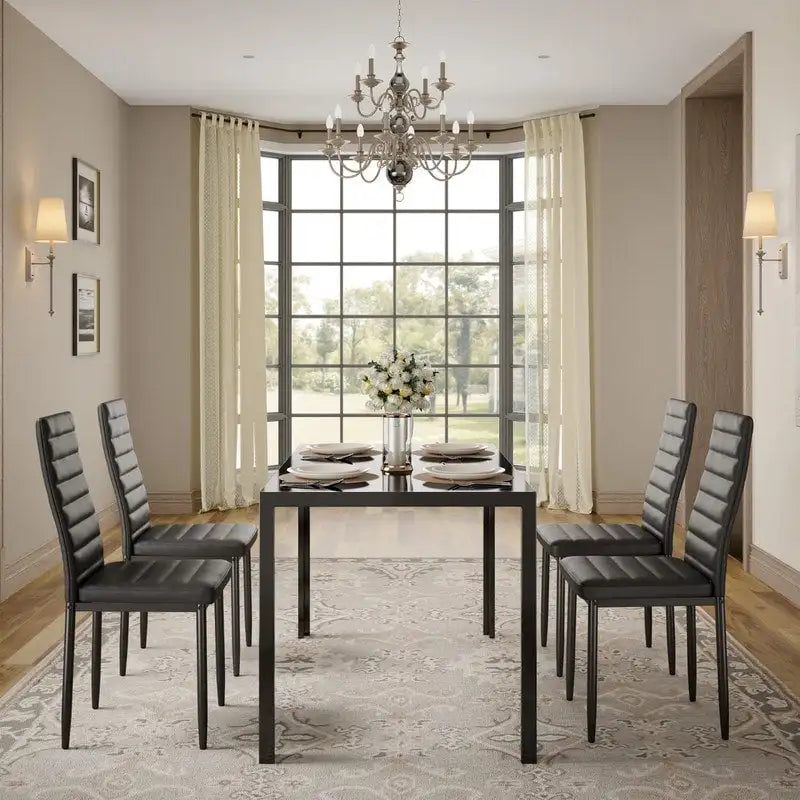 5 Pieces Glass Dining Table Set, 4 Person Modern Home Kitchen Chairs with High Back PU Leather Dining Chairs