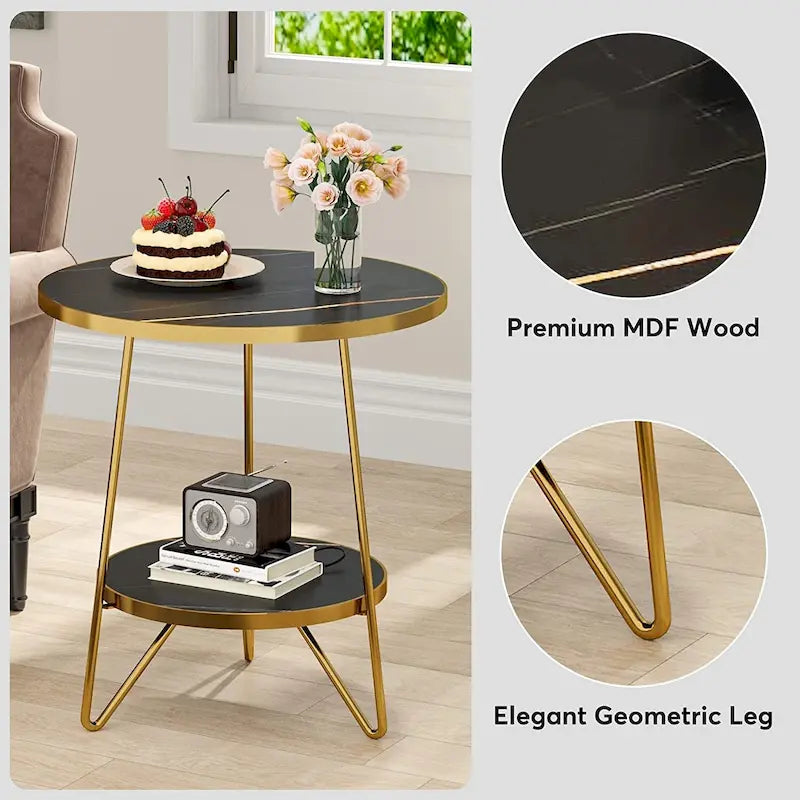 Round End Table, 2 Tier Wood Sofa Side Table for Living Room Bedroom