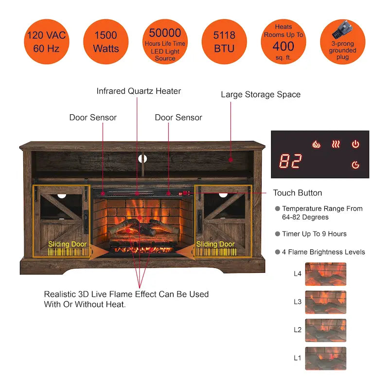 60 in. Electric Fireplace TV Stand Entertainment Center w/Door Sensor