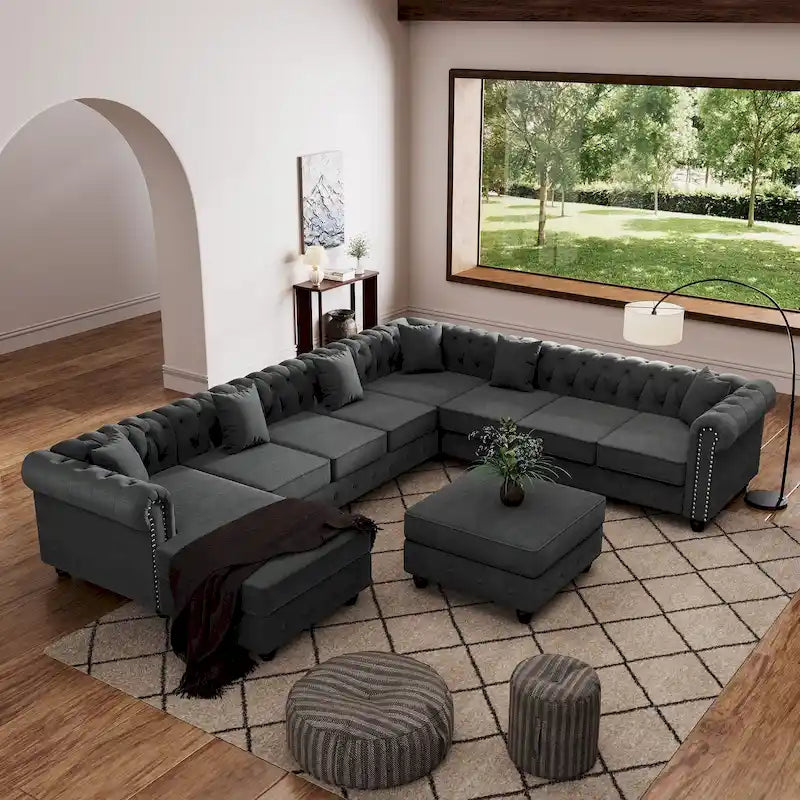Chesterfield Sectional Sofa with Ottoman and 6 Pillows U-Shape Linen Fabric Sofa with Chaise and Rubberwood Legs for Living Room
