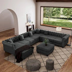 Chesterfield Sectional Sofa with Ottoman and 6 Pillows U-Shape Linen Fabric Sofa with Chaise and Rubberwood Legs for Living Room