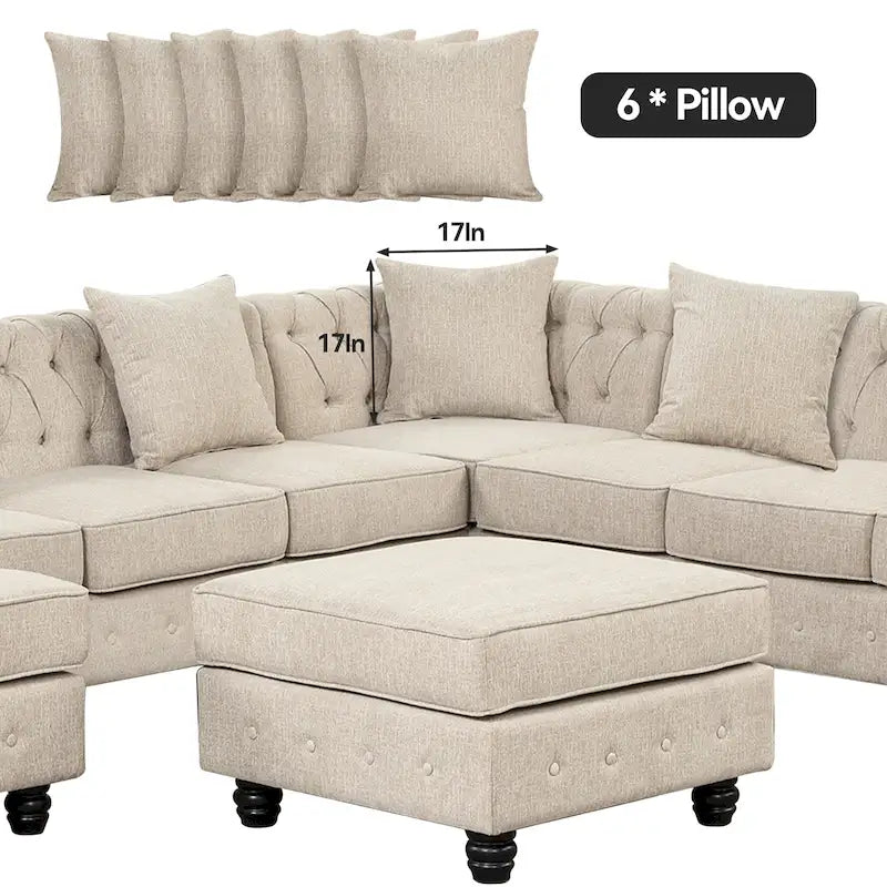 Chesterfield Sectional Sofa with Ottoman and 6 Pillows U-Shape Linen Fabric Sofa with Chaise and Rubberwood Legs for Living Room