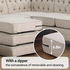 Chesterfield Sectional Sofa with Ottoman and 6 Pillows U-Shape Linen Fabric Sofa with Chaise and Rubberwood Legs for Living Room
