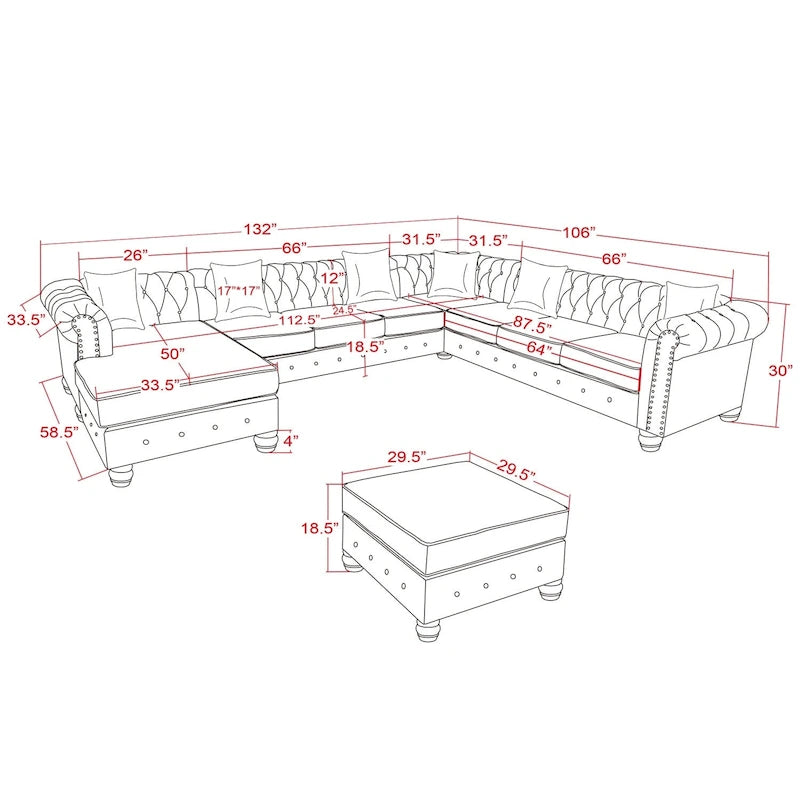 Chesterfield Sectional Sofa with Ottoman and 6 Pillows U-Shape Linen Fabric Sofa with Chaise and Rubberwood Legs for Living Room