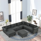 Chesterfield Sectional Sofa with Ottoman and 6 Pillows U-Shape Linen Fabric Sofa with Chaise and Rubberwood Legs for Living Room