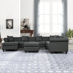 Chesterfield Sectional Sofa with Ottoman and 6 Pillows U-Shape Linen Fabric Sofa with Chaise and Rubberwood Legs for Living Room