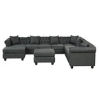 Chesterfield Sectional Sofa with Ottoman and 6 Pillows U-Shape Linen Fabric Sofa with Chaise and Rubberwood Legs for Living Room