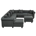 Chesterfield Sectional Sofa with Ottoman and 6 Pillows U-Shape Linen Fabric Sofa with Chaise and Rubberwood Legs for Living Room