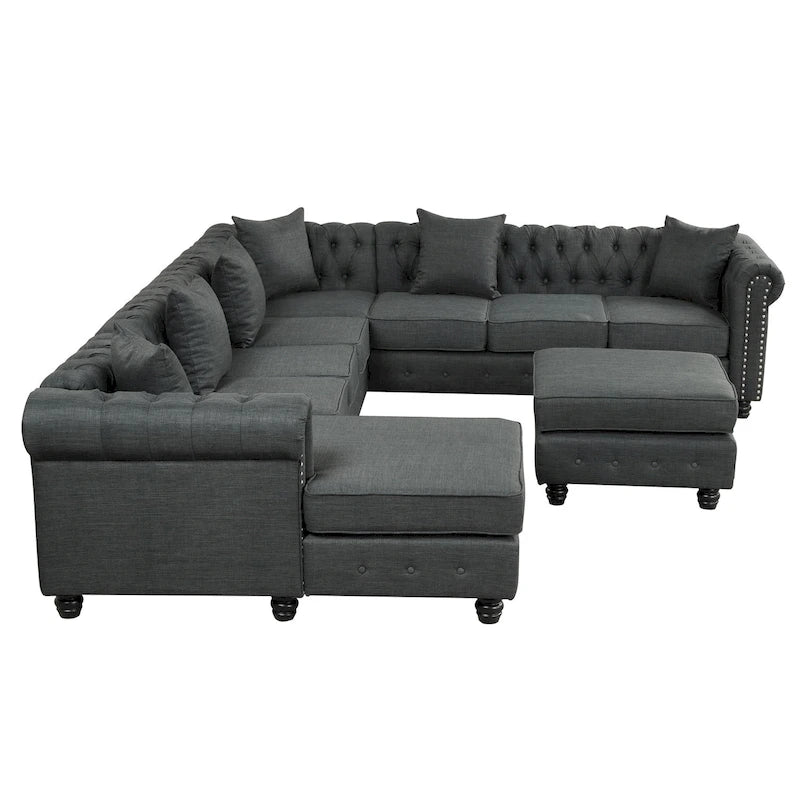Chesterfield Sectional Sofa with Ottoman and 6 Pillows U-Shape Linen Fabric Sofa with Chaise and Rubberwood Legs for Living Room