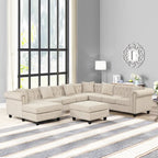 Chesterfield Sectional Sofa with Ottoman and 6 Pillows U-Shape Linen Fabric Sofa with Chaise and Rubberwood Legs for Living Room