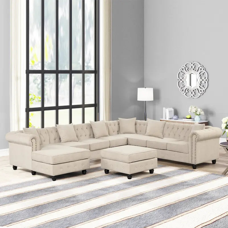 Chesterfield Sectional Sofa with Ottoman and 6 Pillows U-Shape Linen Fabric Sofa with Chaise and Rubberwood Legs for Living Room