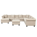Chesterfield Sectional Sofa with Ottoman and 6 Pillows U-Shape Linen Fabric Sofa with Chaise and Rubberwood Legs for Living Room