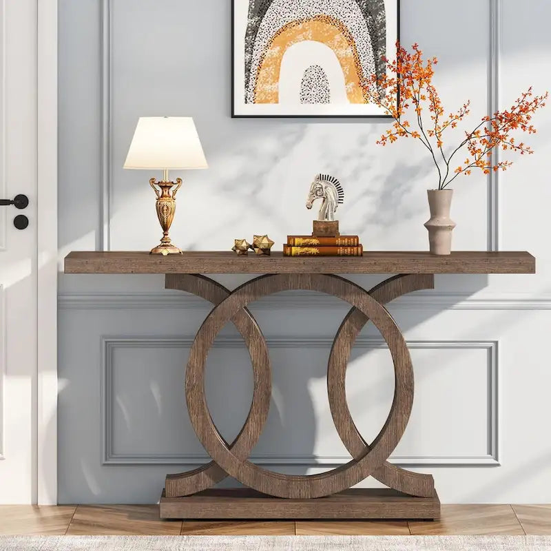 Vintage Console Table with Geometric Base Wooden Hallway Table