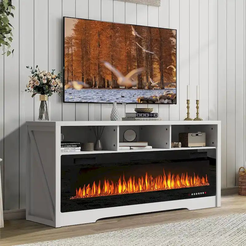 BOSSIN Fireplace 65 TV Stand for TVs Up to 75 TV with 60 Electric Fireplace,Entertainment Center with Open Shelve Storage