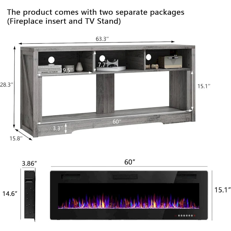 BOSSIN Fireplace 65 TV Stand for TVs Up to 75 TV with 60 Electric Fireplace,Entertainment Center with Open Shelve Storage