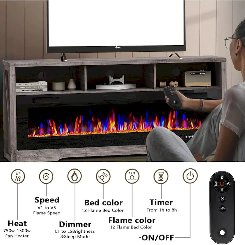 BOSSIN Fireplace 65 TV Stand for TVs Up to 75 TV with 60 Electric Fireplace,Entertainment Center with Open Shelve Storage