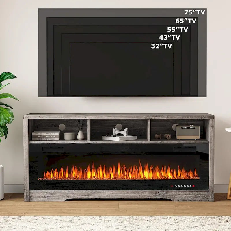BOSSIN Fireplace 65 TV Stand for TVs Up to 75 TV with 60 Electric Fireplace,Entertainment Center with Open Shelve Storage