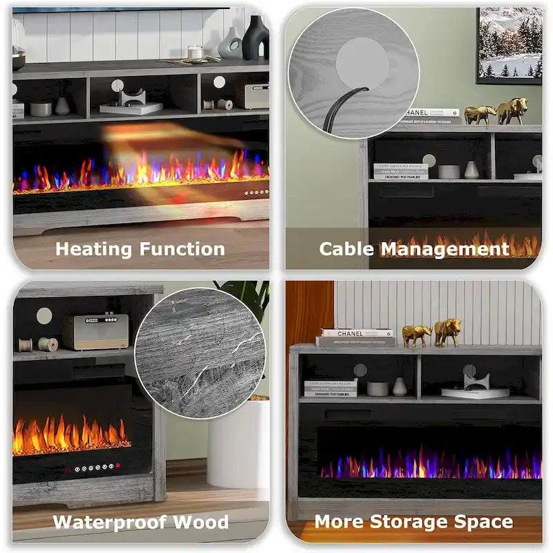 BOSSIN Fireplace 65 TV Stand for TVs Up to 75 TV with 60 Electric Fireplace,Entertainment Center with Open Shelve Storage