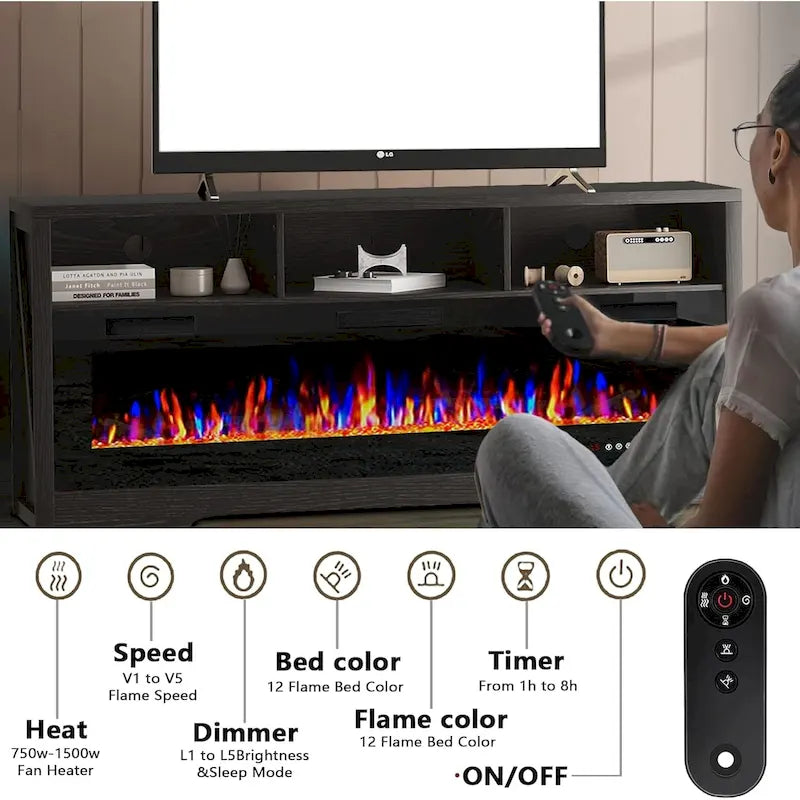 BOSSIN Fireplace 65 TV Stand for TVs Up to 75 TV with 60 Electric Fireplace,Entertainment Center with Open Shelve Storage