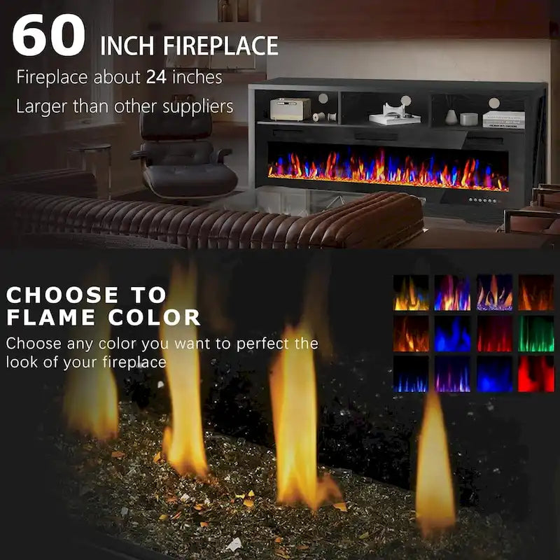 BOSSIN Fireplace 65 TV Stand for TVs Up to 75 TV with 60 Electric Fireplace,Entertainment Center with Open Shelve Storage