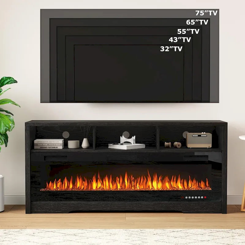 BOSSIN Fireplace 65 TV Stand for TVs Up to 75 TV with 60 Electric Fireplace,Entertainment Center with Open Shelve Storage
