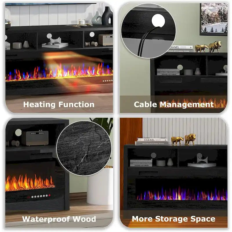 BOSSIN Fireplace 65 TV Stand for TVs Up to 75 TV with 60 Electric Fireplace,Entertainment Center with Open Shelve Storage