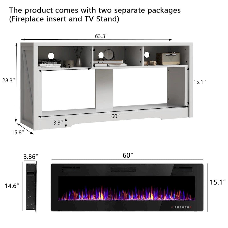 BOSSIN Fireplace 65 TV Stand for TVs Up to 75 TV with 60 Electric Fireplace,Entertainment Center with Open Shelve Storage