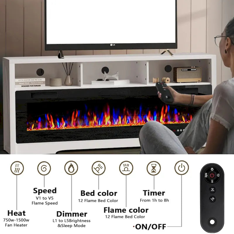 BOSSIN Fireplace 65 TV Stand for TVs Up to 75 TV with 60 Electric Fireplace,Entertainment Center with Open Shelve Storage