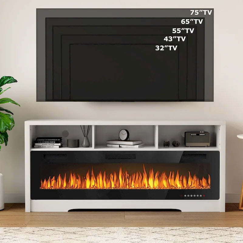 BOSSIN Fireplace 65 TV Stand for TVs Up to 75 TV with 60 Electric Fireplace,Entertainment Center with Open Shelve Storage