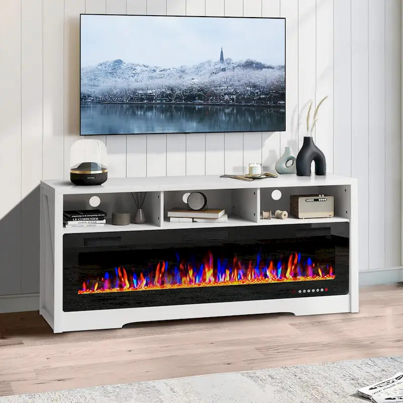 BOSSIN Fireplace 65 TV Stand for TVs Up to 75 TV with 60 Electric Fireplace,Entertainment Center with Open Shelve Storage