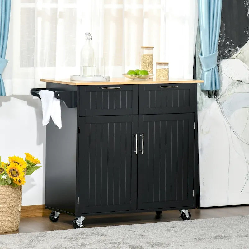 HOMCOM 41 Modern Rolling Kitchen Island, Kitchen Storage Utility Cart Trolley with Rubberwood Top, 2 Drawers, and Towel Rack