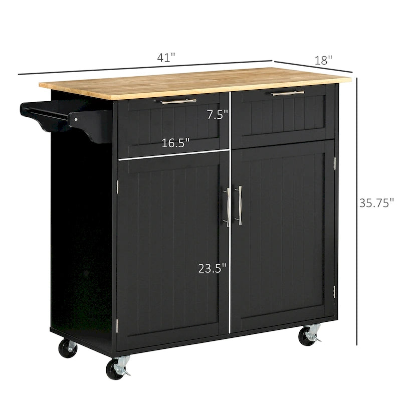 HOMCOM 41 Modern Rolling Kitchen Island, Kitchen Storage Utility Cart Trolley with Rubberwood Top, 2 Drawers, and Towel Rack