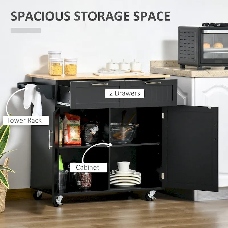 HOMCOM 41 Modern Rolling Kitchen Island, Kitchen Storage Utility Cart Trolley with Rubberwood Top, 2 Drawers, and Towel Rack