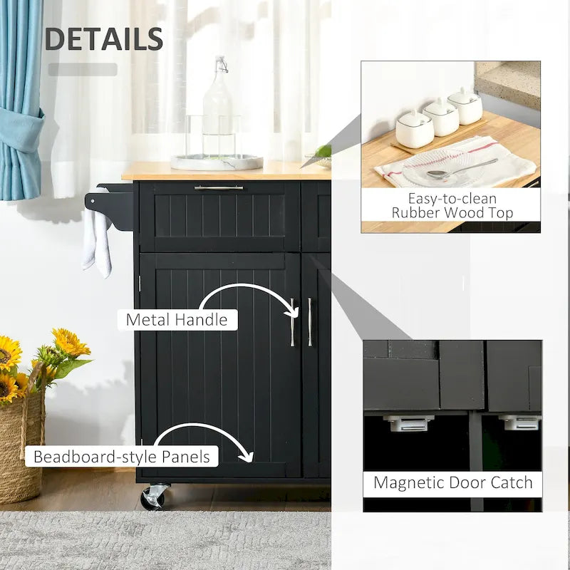 HOMCOM 41 Modern Rolling Kitchen Island, Kitchen Storage Utility Cart Trolley with Rubberwood Top, 2 Drawers, and Towel Rack