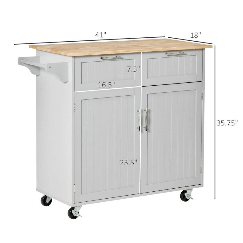 HOMCOM 41 Modern Rolling Kitchen Island, Kitchen Storage Utility Cart Trolley with Rubberwood Top, 2 Drawers, and Towel Rack