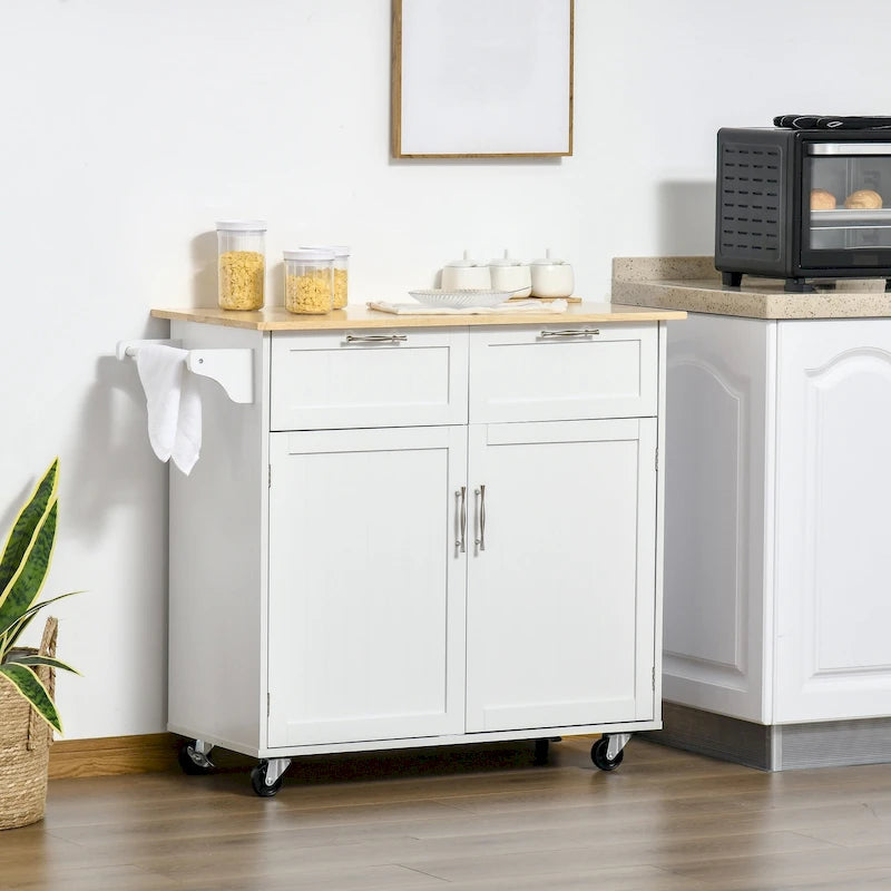 HOMCOM 41 Modern Rolling Kitchen Island, Kitchen Storage Utility Cart Trolley with Rubberwood Top, 2 Drawers, and Towel Rack