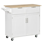 HOMCOM 41 Modern Rolling Kitchen Island, Kitchen Storage Utility Cart Trolley with Rubberwood Top, 2 Drawers, and Towel Rack