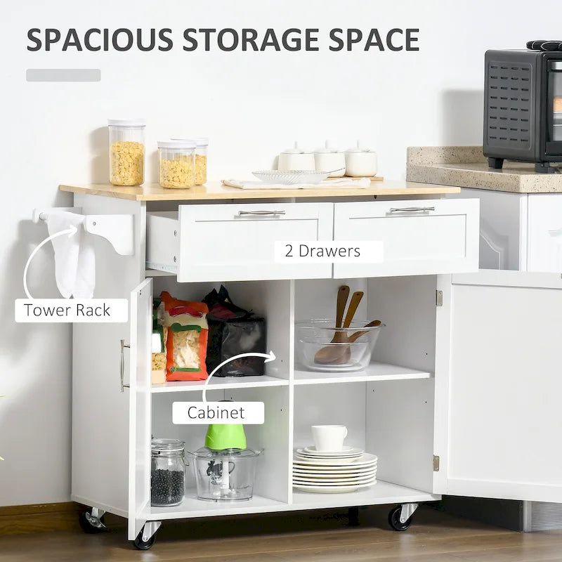 HOMCOM 41 Modern Rolling Kitchen Island, Kitchen Storage Utility Cart Trolley with Rubberwood Top, 2 Drawers, and Towel Rack