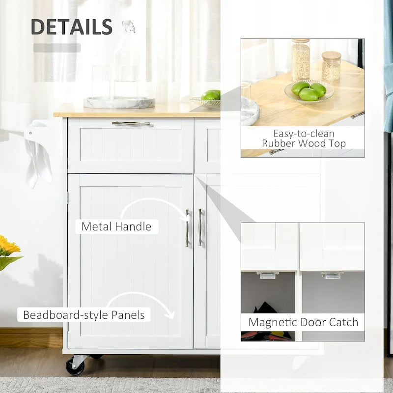HOMCOM 41 Modern Rolling Kitchen Island, Kitchen Storage Utility Cart Trolley with Rubberwood Top, 2 Drawers, and Towel Rack