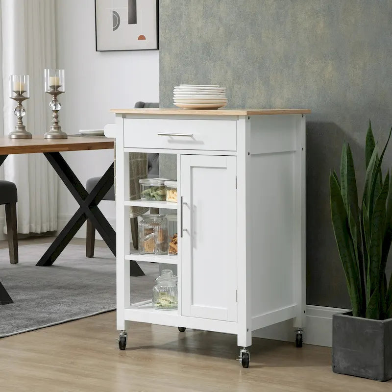HOMCOM Compact Kitchen Island Cart on Wheels, Rolling Utility Trolley Cart with Storage Shelf & Drawer for Dining Room