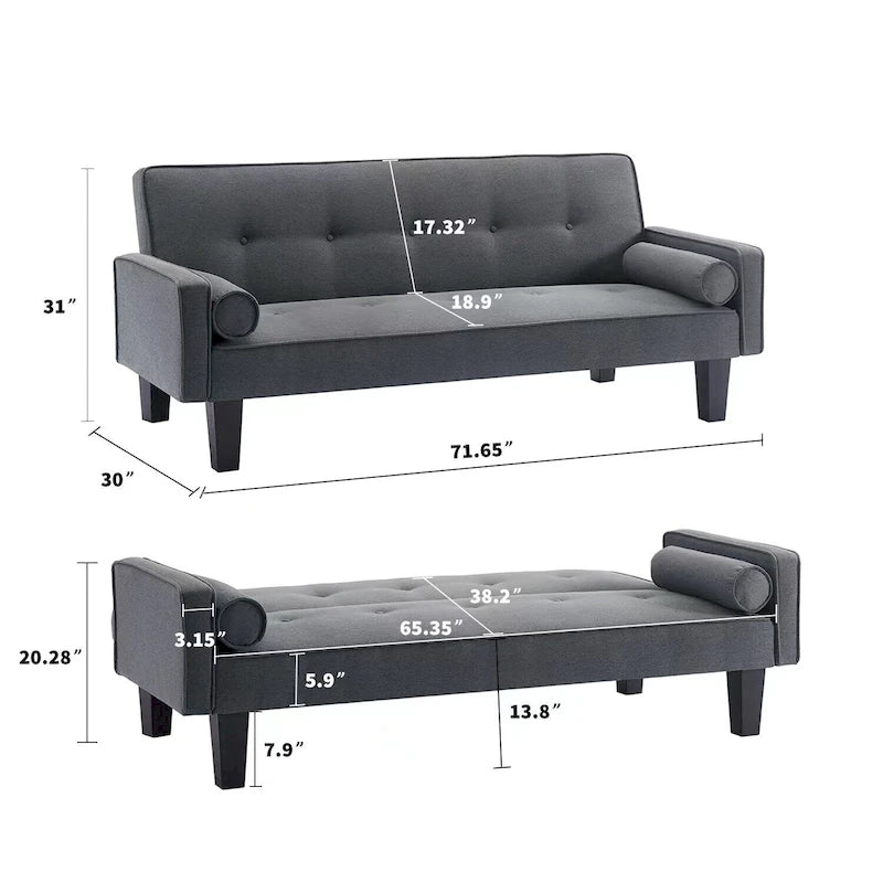Linen Fabric Modern Convertible Sofa Bed with Removable Armrests