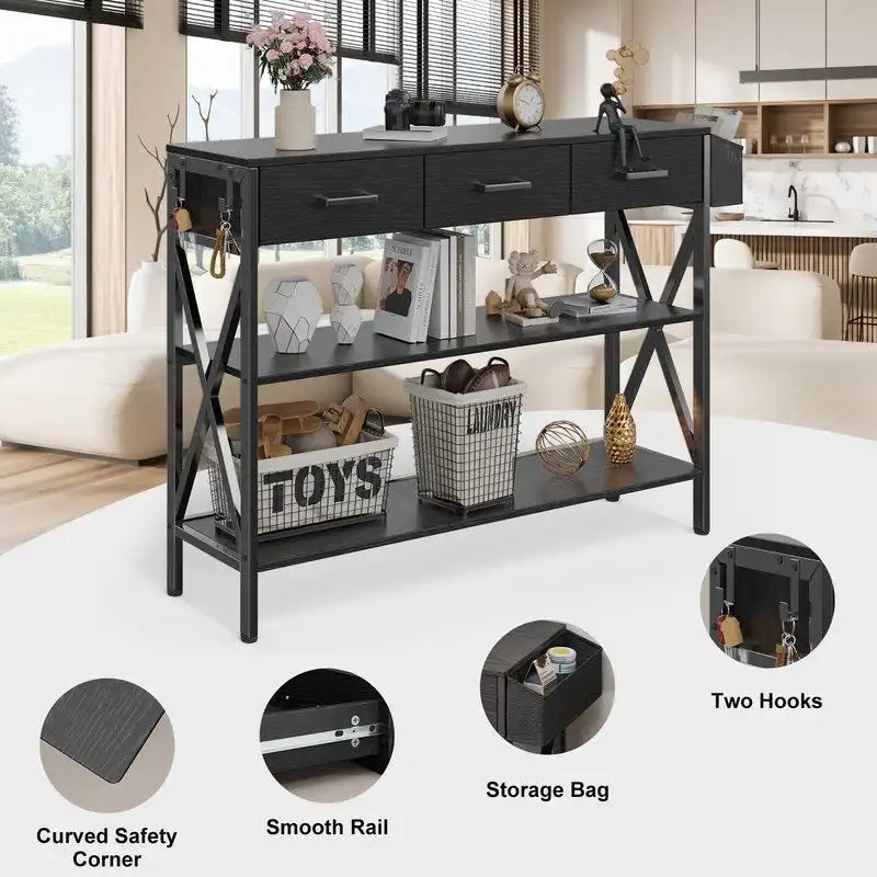 Console Table with 3 Drawers, Entryway Sofa Table with 3 Tier Storage Shelves