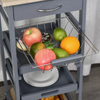 HOMCOM Mobile Rolling Kitchen Island Trolley Serving Cart with Underneath Drawer & Slide-Out Wire Storage Basket
