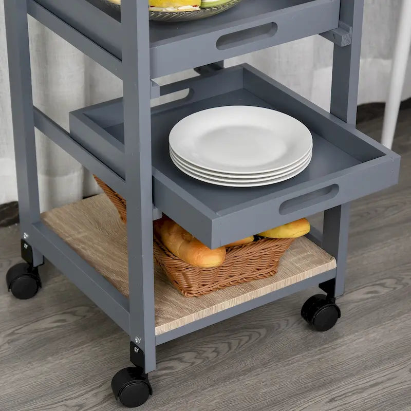 HOMCOM Mobile Rolling Kitchen Island Trolley Serving Cart with Underneath Drawer & Slide-Out Wire Storage Basket