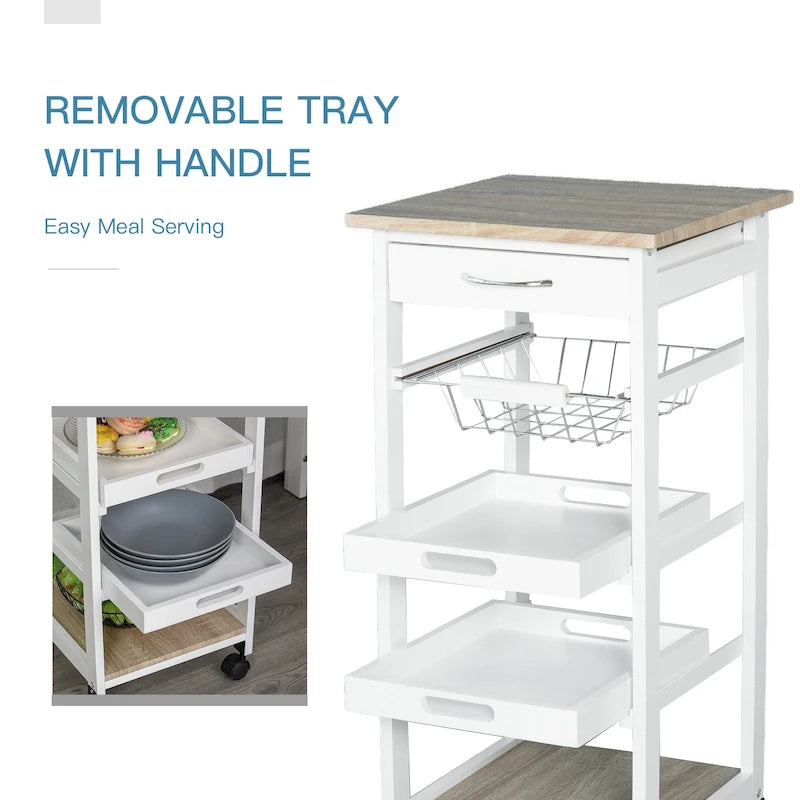 HOMCOM Mobile Rolling Kitchen Island Trolley Serving Cart with Underneath Drawer & Slide-Out Wire Storage Basket
