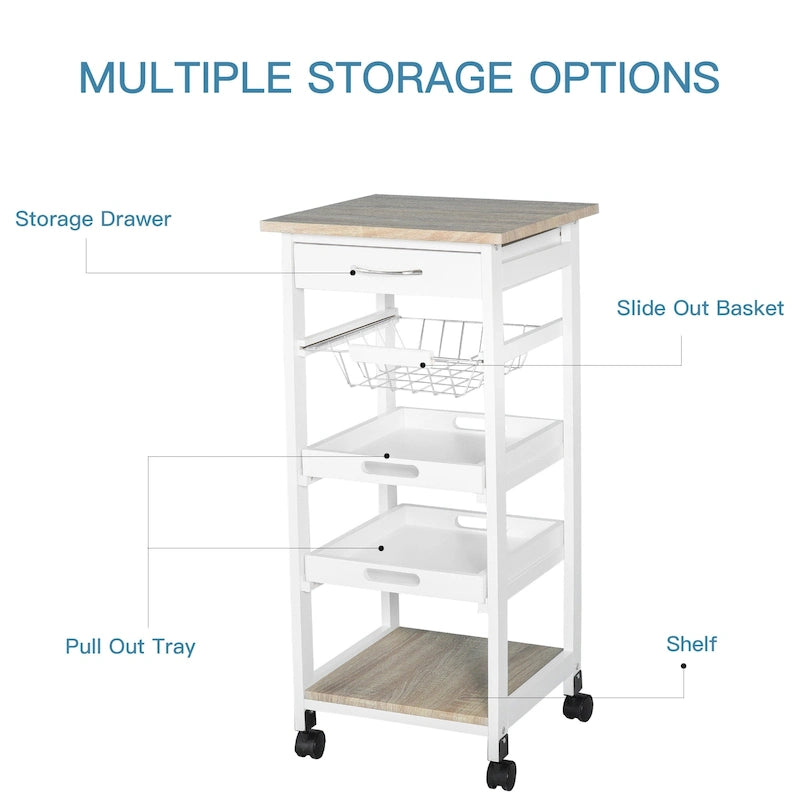 HOMCOM Mobile Rolling Kitchen Island Trolley Serving Cart with Underneath Drawer & Slide-Out Wire Storage Basket