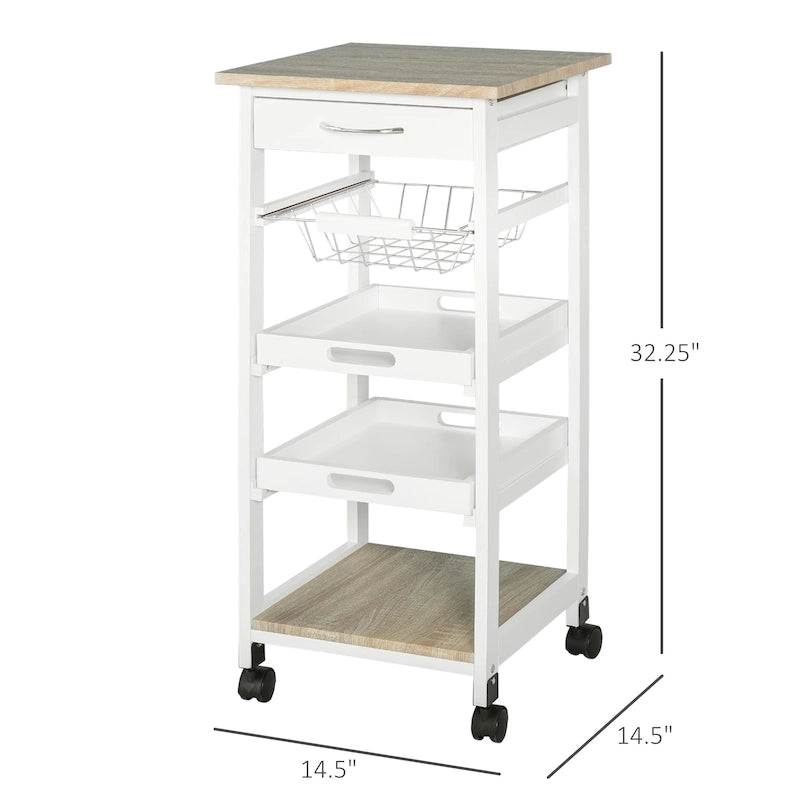 HOMCOM Mobile Rolling Kitchen Island Trolley Serving Cart with Underneath Drawer & Slide-Out Wire Storage Basket