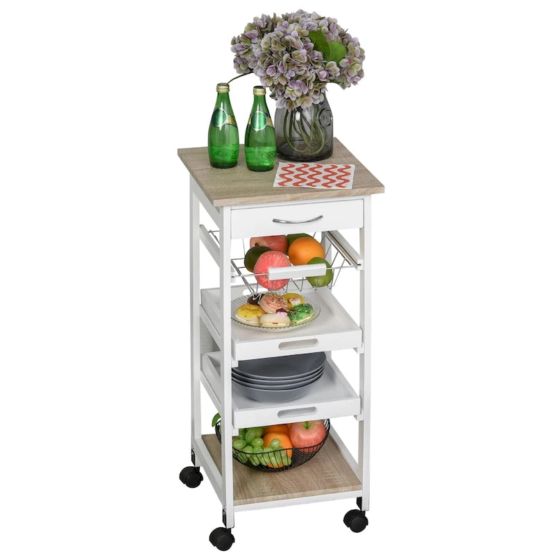 HOMCOM Mobile Rolling Kitchen Island Trolley Serving Cart with Underneath Drawer & Slide-Out Wire Storage Basket