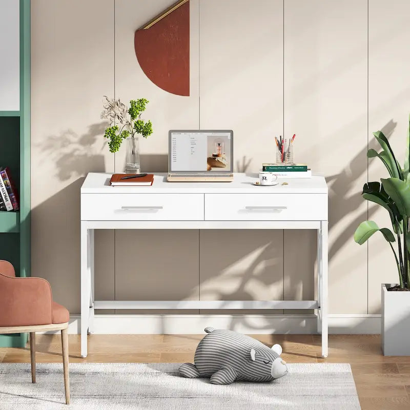 Modern Computer Writing Desk with 2 Drawers, White and Gold Home Office Desk, Makeup Vanity Table